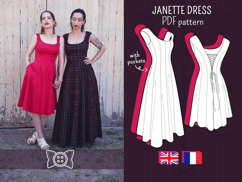 May include: Two women stand side-by-side, holding hands, wearing dresses. One dress is red, the other is a plaid pattern of burgundy, black, and gray. A PDF pattern illustration of a dress is on the right, with the text "JANETTE DRESS PDF pattern".