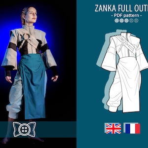 Könnte beinhalten: Eine Person trägt ein Zanka-Komplett-Outfit, ein PDF-Schnittmuster. Das Outfit umfasst eine hellgraue Jacke mit schwarzen Akzenten, einen türkisfarbenen Wickelrock und hellgraue Hosen. Das Bild zeigt auch eine Strichzeichnung des Outfits auf türkisfarbenem Hintergrund.
