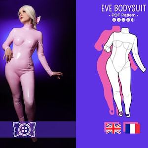May include: A pink, long-sleeved bodysuit with a high neckline. The image also features a line drawing of the bodysuit and the text "EVE BODYSUIT - PDF Pattern". The design includes a bustier-style bodice and is shown on a purple background.