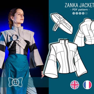 May include: A Zanka Jacket PDF pattern featuring a light gray and black jacket with wide sleeves, a high collar, and a circular chest ring. The image includes technical line drawings of the jacket from multiple angles and the text ZANKA JACKET.