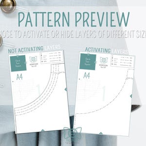 May include: A sewing pattern preview showing two A4 pages with dashed lines and layer options. The text reads PATTERN PREVIEW, CHOOSE TO ACTIVATE OR HIDE LAYERS OF DIFFERENT SIZES, NOT ACTIVATING LAYERS, and ACTIVATING LAYERS, with a light blue blazer background.