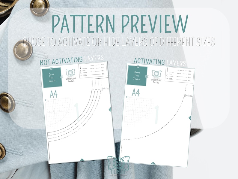 May include: A sewing pattern preview showing two A4 pages with dashed lines and layer options. The text reads PATTERN PREVIEW, CHOOSE TO ACTIVATE OR HIDE LAYERS OF DIFFERENT SIZES, NOT ACTIVATING LAYERS, and ACTIVATING LAYERS, with a light blue blazer background.