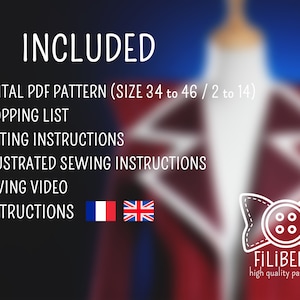 May include: A digital PDF sewing pattern for a dress, with instructions in English and French. The pattern includes sizes 34 to 46 (US sizes 2 to 14). The image also shows a shopping list, cutting instructions, illustrated sewing instructions, and a sewing video.