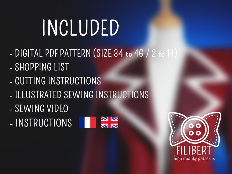 May include: A digital PDF sewing pattern for a dress, with instructions in English and French. The pattern includes sizes 34 to 46 (US sizes 2 to 14). The image also shows a shopping list, cutting instructions, illustrated sewing instructions, and a sewing video.