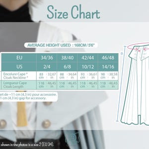 May include: A size chart for a cloak featuring a table with EU and US sizing, measurements for cloak neckline and length in inches and centimeters, and a line drawing of a cloak with labels A and B. The chart notes an average height of 5'6".