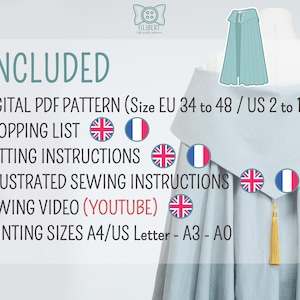 May include: A digital PDF sewing pattern for a light blue cape with a gold tassel. The text lists: DIGITAL PDF PATTERN (Size EU 34 to 48 / US 2 to 16), SHOPPING LIST, CUTTING INSTRUCTIONS, ILLUSTRATED SEWING INSTRUCTIONS, SEWING VIDEO (YOUTUBE), PRINTING SIZES A4/US Letter - A3 - A0.