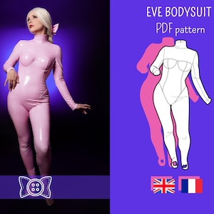 Könnte beinhalten: Ein rosafarbenes Bodysuit-Muster zum Nähen. Das Muster ist auf einem weißen Mannequin mit rosa Umriss dargestellt. Der Text "EVE BODYSUIT PDF pattern" befindet sich oben im Bild. Das Bild enthält auch die Flaggen von Großbritannien und Frankreich.