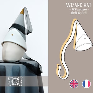 May include: A wizard hat PDF pattern featuring a conical gray hat with a gold tip, a white brim, and a long black sheer ribbon. The design includes a small gold stud on the front. The graphic shows the text WIZARD HAT - PDF pattern - with icons.