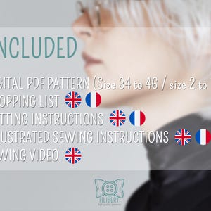 May include: A digital PDF sewing pattern listing including a shopping list, cutting instructions, illustrated sewing instructions, and a sewing video. The pattern is available in sizes 34 to 46 and 2 to 14. The Filibert logo is at the bottom.