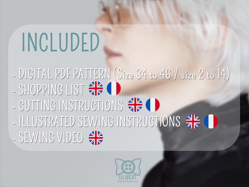 May include: A digital PDF sewing pattern listing including a shopping list, cutting instructions, illustrated sewing instructions, and a sewing video. The pattern is available in sizes 34 to 46 and 2 to 14. The Filibert logo is at the bottom.