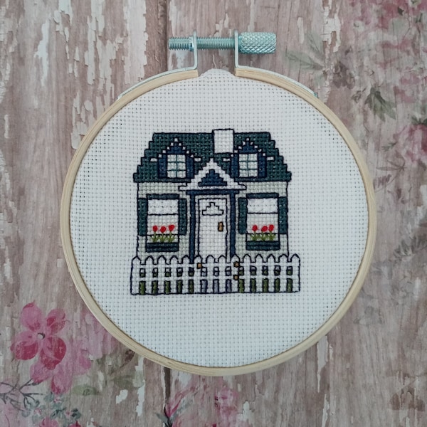 Handmade Finished Cross Stitch "Cape Cod CottageTiny House"