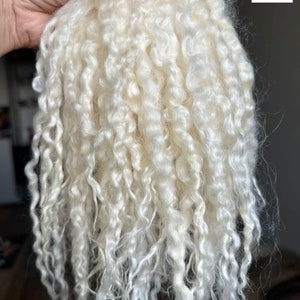 Peut inclure: Un faisceau de fibres animales brutes, blanc cass&eacute;, aux boucles lustr&eacute;es et &agrave; la texture douce. Les longues m&egrave;ches individuelles sont &eacute;troitement enroul&eacute;es et ondul&eacute;es, pr&eacute;sentant un aspect naturel non fil&eacute; avec une couleur ivoire claire.