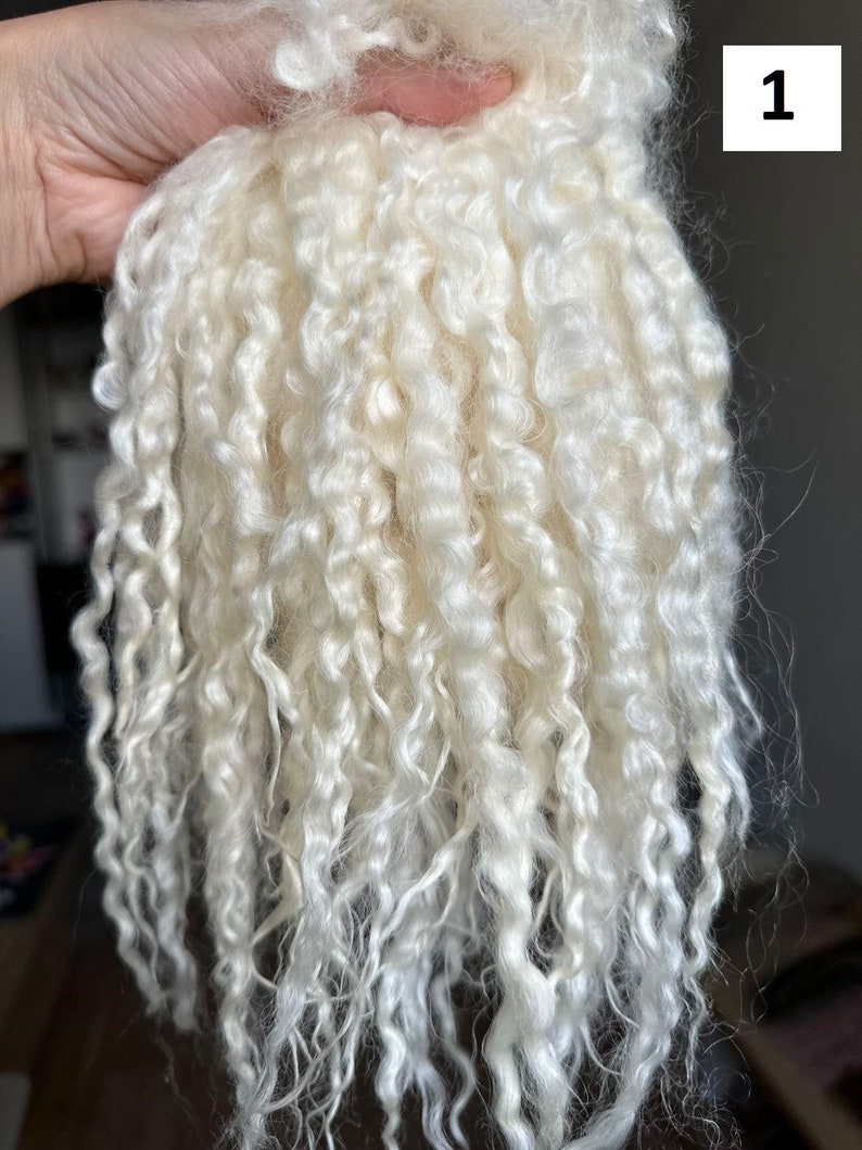 Peut inclure: Un faisceau de fibres animales brutes, blanc cass&eacute;, aux boucles lustr&eacute;es et &agrave; la texture douce. Les longues m&egrave;ches individuelles sont &eacute;troitement enroul&eacute;es et ondul&eacute;es, pr&eacute;sentant un aspect naturel non fil&eacute; avec une couleur ivoire claire.