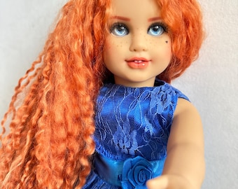 OOAKカスタムアメリカンガールドール：手染めウールヘア、ブルーレースドレス