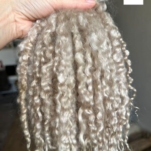 Peut inclure: Un faisceau de m&egrave;ches longues, boucl&eacute;es et de couleur beige clair, dot&eacute; d'une texture douce et lustr&eacute;e. Les fibres sont dispos&eacute;es en boucles serr&eacute;es et tombantes qui pendent verticalement. Un carr&eacute; blanc avec le chiffre 2 est visible.