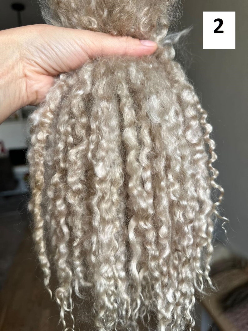 Peut inclure: Un faisceau de m&egrave;ches longues, boucl&eacute;es et de couleur beige clair, dot&eacute; d'une texture douce et lustr&eacute;e. Les fibres sont dispos&eacute;es en boucles serr&eacute;es et tombantes qui pendent verticalement. Un carr&eacute; blanc avec le chiffre 2 est visible.