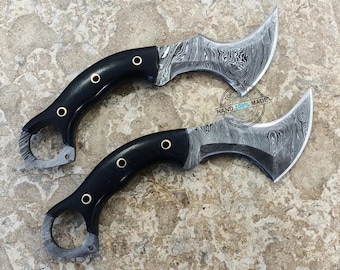 Set of 2 PCs, Custom Handmade Damascus Steel, Claw Karambit Knife (2323-1) Birthday gift, Hunting knife, Gift for father, Anniversary gift