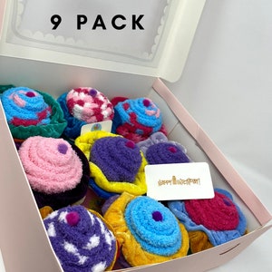 Box of 9 Themed Fuzzy Sock Cupcakes with Scrunchies. Birthday Gift, Get Well Gift, Party Favors, Quaranteen Gift, Teen Gift, Holiday gift