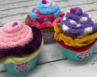 Birthday Fuzzy Sock Cupcakes with Scrunchies. Birthday Gift, Party Favors ,Teen Gift, holiday gift, Thanksgiving, Christmas gift