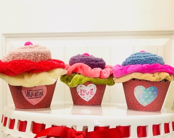 Love and Hearts Fuzzy Sock Cupcakes with Scrunchies. Valentines, Birthday Gift, Party Favors,Teen Gift, Quaranteen gift
