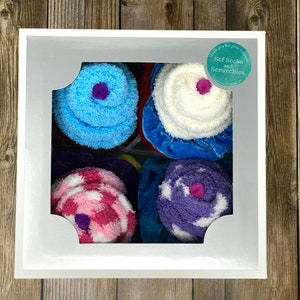 Box of 4 Themed Fuzzy Sock Cupcakes with Scrunchies. Birthday Gift, Get Well/Care Pack, Party Favors, Appreciation Gift, Quaranteen Gift