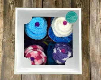 Box of 4 Themed Fuzzy Sock Cupcakes with Scrunchies. Birthday Gift, Get Well/Care Pack, Party Favors, Appreciation Gift, Quaranteen Gift