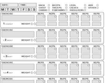 May include: A black and white workout log with sections for date, time, exercise, weight, reps, and cardio. The log includes spaces for recording sets, reps, and weight for each exercise. The cardio section includes spaces for recording time, distance, pace, intensity, and heart rate.
