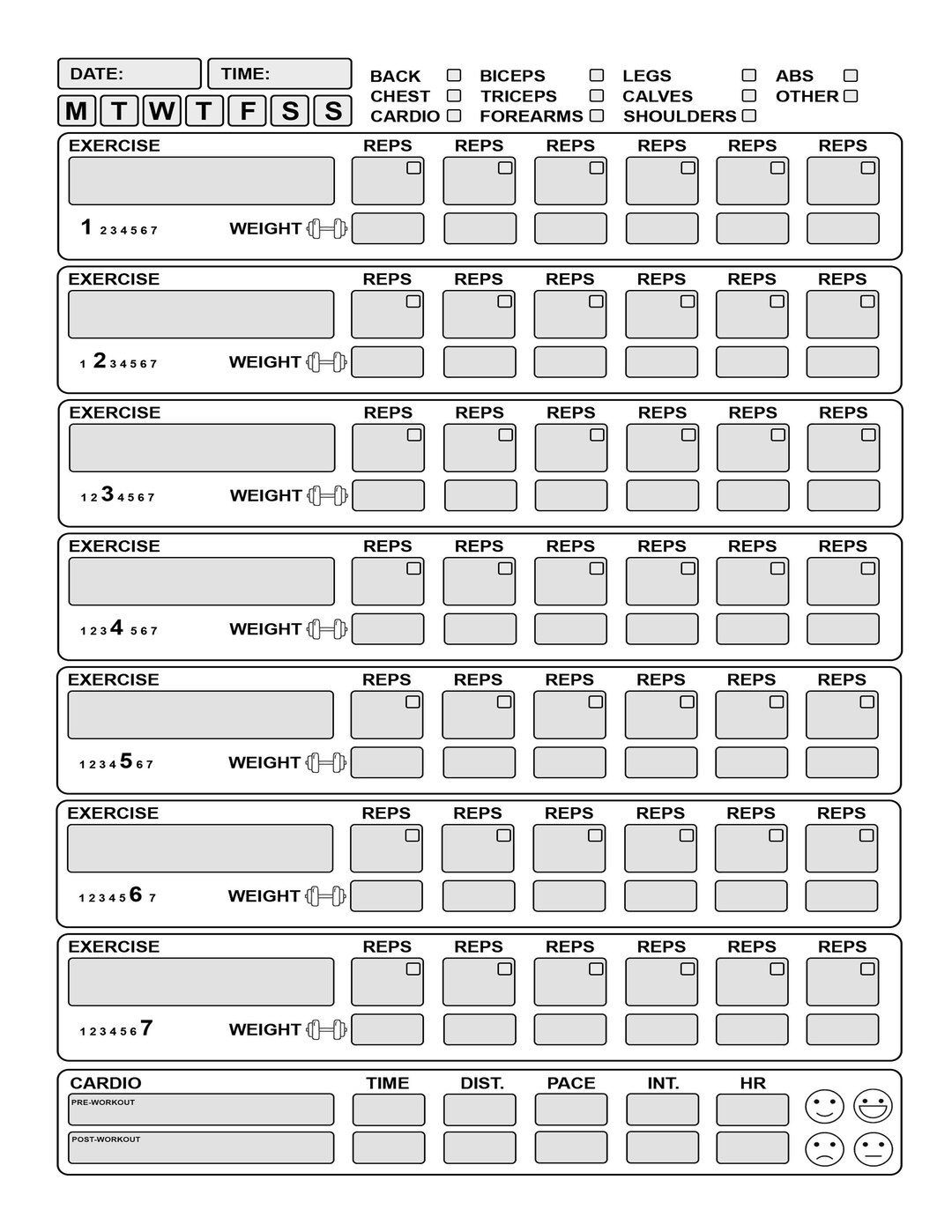 Daily Workout Log Fitness Journal PDF Printable Exercise Log Daily 