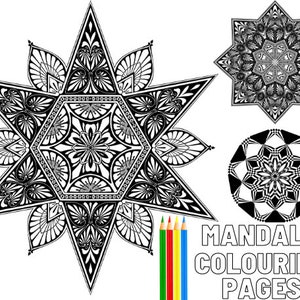 May include: Black and white mandala coloring pages with intricate geometric designs. The image features three different mandala patterns, including a star-shaped and a circular design, along with colored pencils and the text "MANDALA COLOURING PAGES".