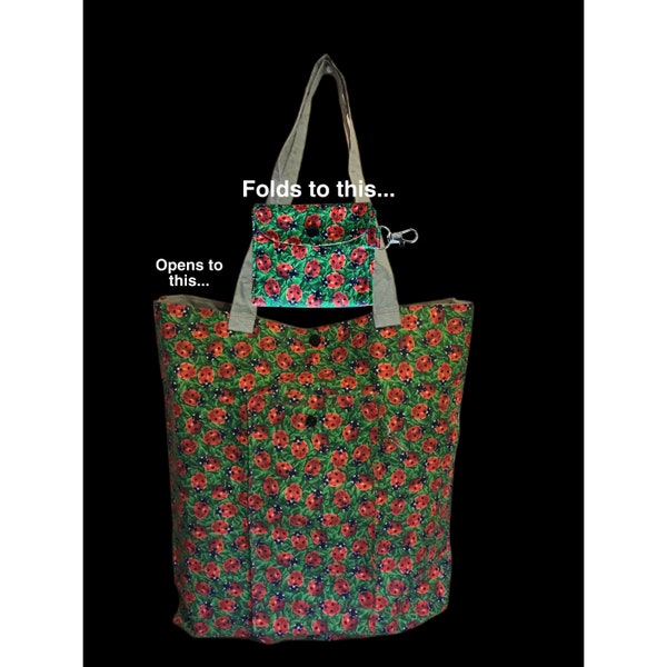 Ladybugs reusable shopping bag, ripstop nylon lined, sewn on handles deep pocket and swivel snap clip