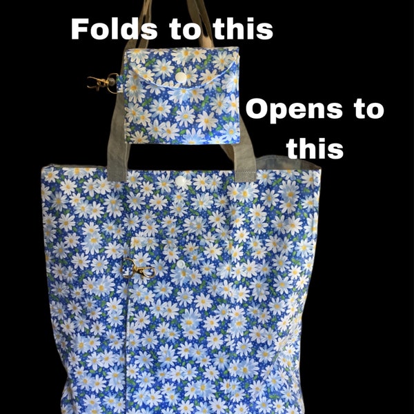 daisies reusable grocery tote ripstop nylon handles and lining deep pocket and swivel clip.