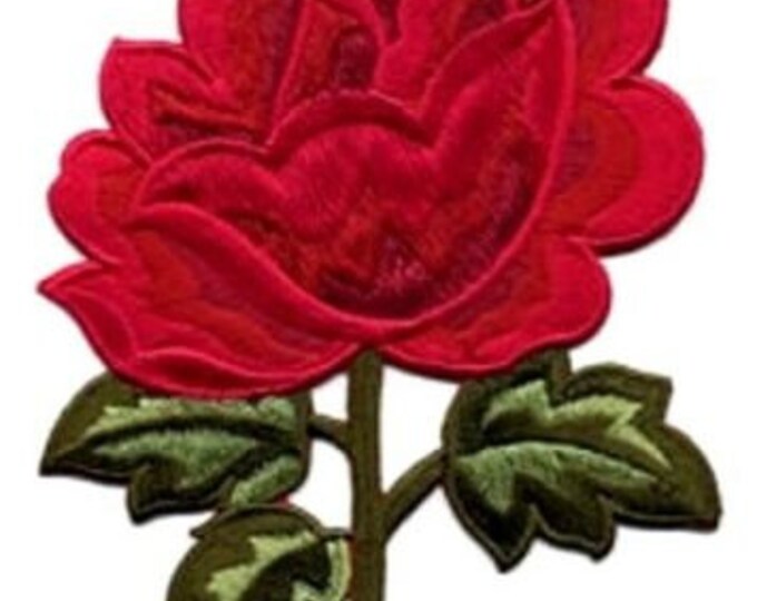 Embroidered Iron-On Applique Rose Green 3+12 x 5+14 inch select pink or Red