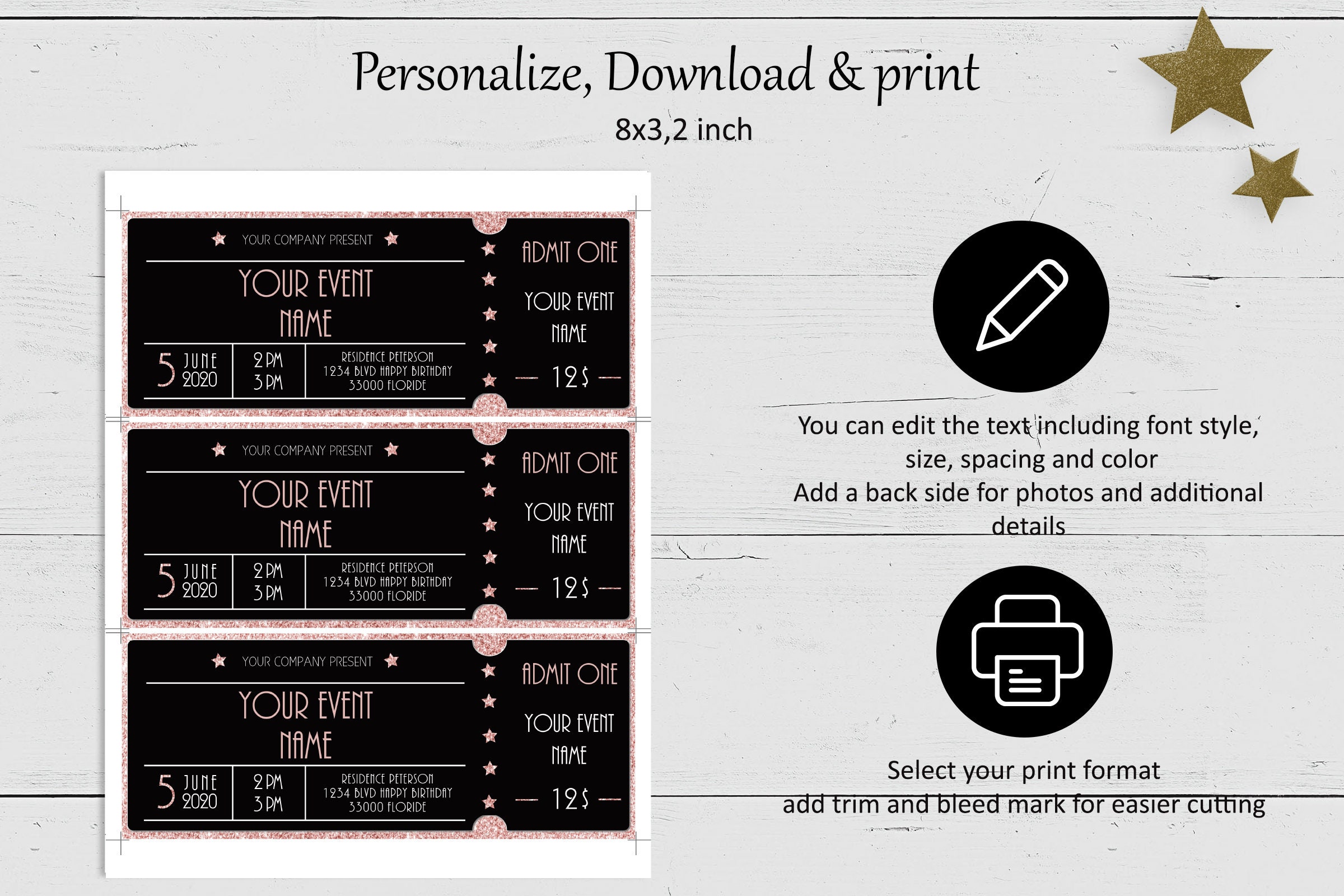 Pink Glitter Event Ticket Printables Editable Event Ticket Etsy