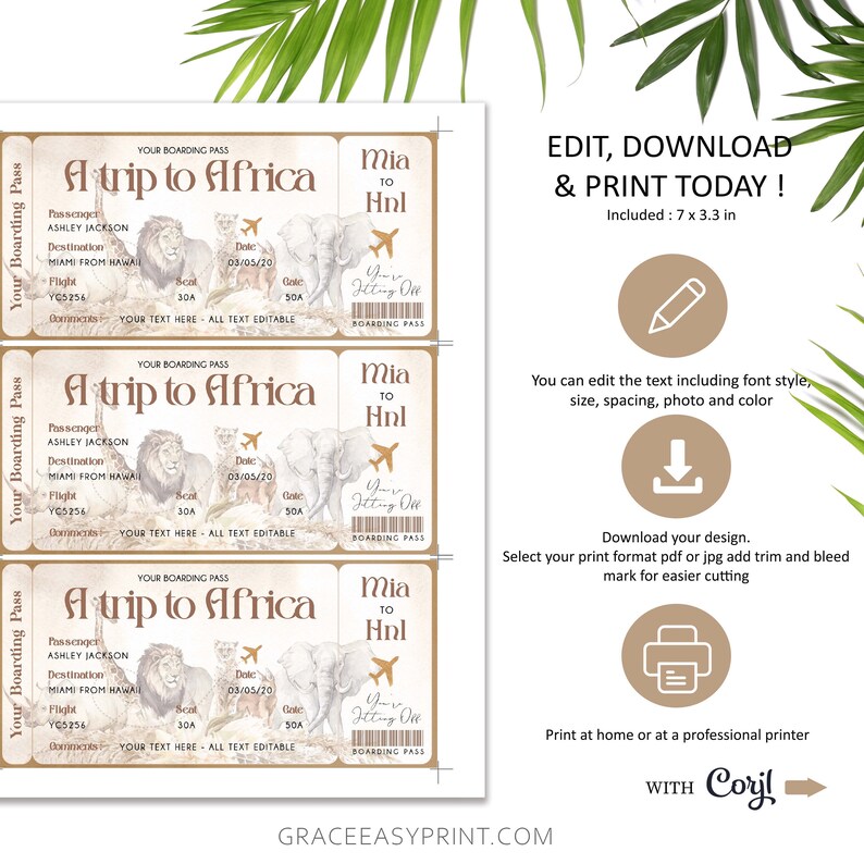 African Safari Boarding Pass Africa Plane Ticket Safari Etsy