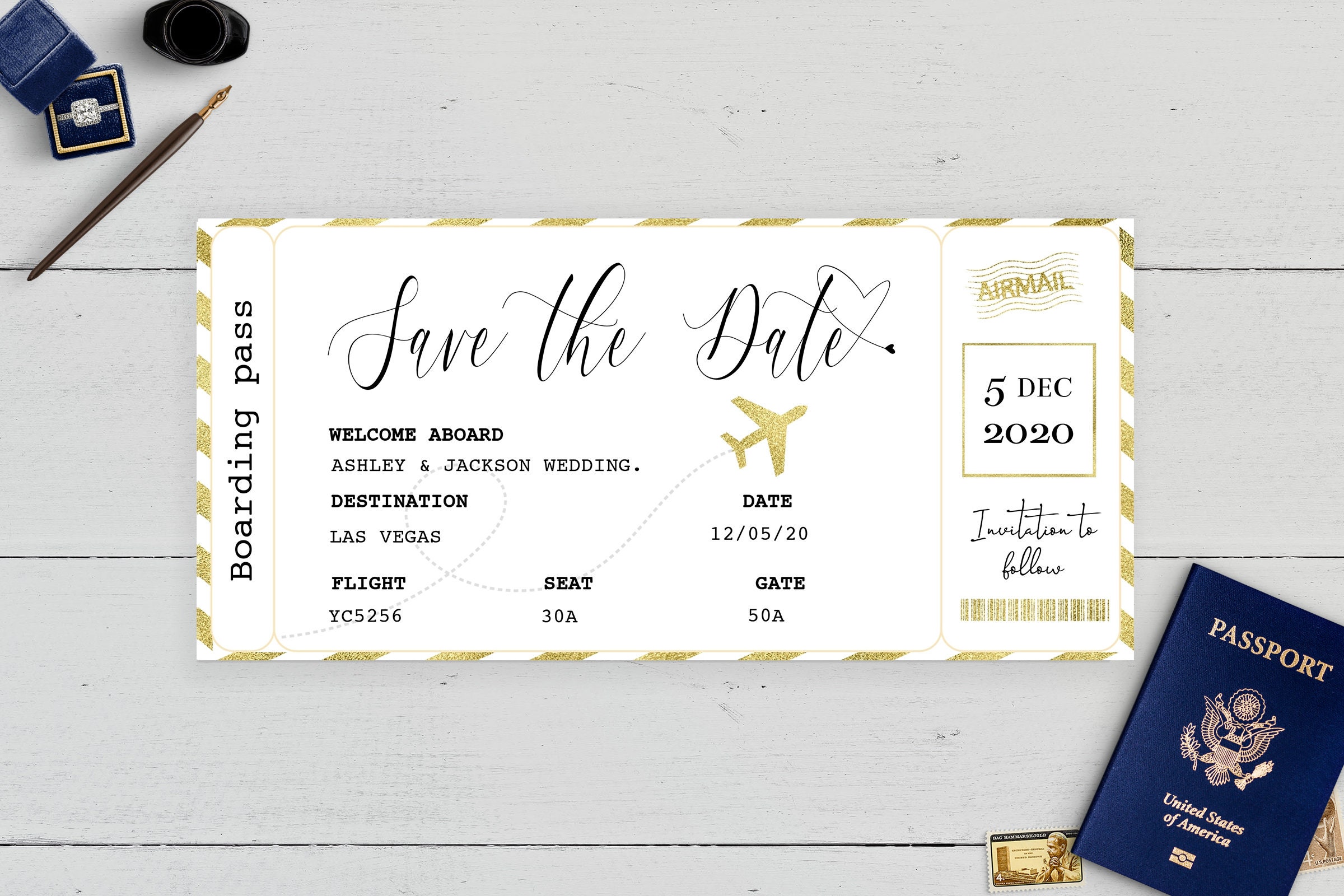 Save The Date (Boarding Pass Set) – Here and There Weddings