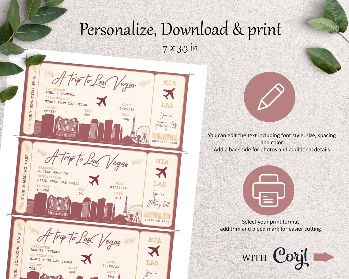 Las Vegas Boarding Pass Boarding Pass Template Surprise Etsy