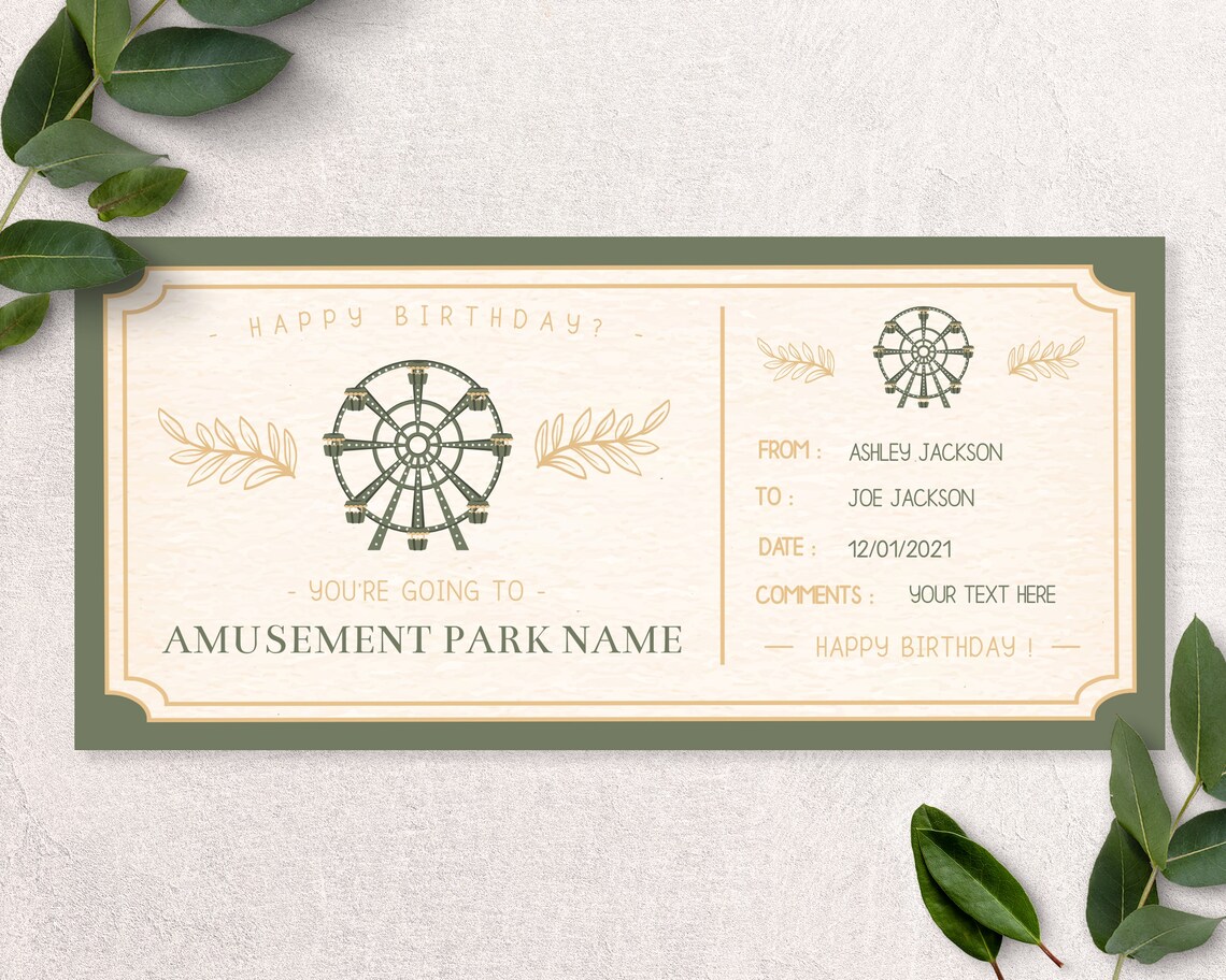 Printable theme park gift ticket gift for kids gift Etsy
