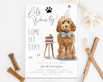 Goldendoodle dog Birthday Invitation, puppy birthday invitation, pet party invitation, Let's Pawty Invite, Dog Invitation, puppy party D2