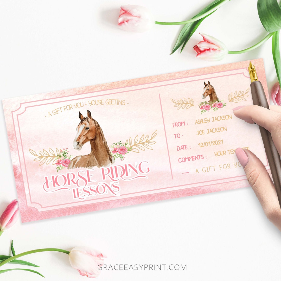 Horse Riding Lessons Gift Voucher, Trail Rides Horseback Ticket, Coupon