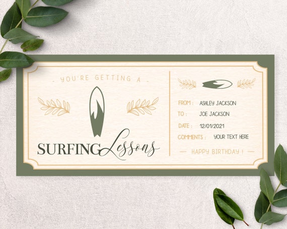 Surfing Lessons Gift Voucher Template Certificate Ticket 