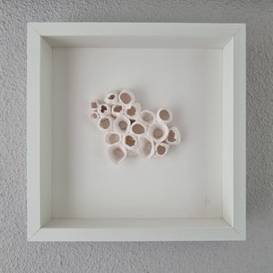 Pode incluir: Escultura de parede de cerâmica branca em uma moldura branca. A escultura é um grupo de pequenas formas redondas e ocas, que se assemelham a corais.