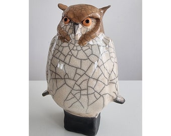 Raku fired owl, raku fired owl, handmade