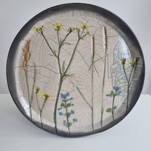 Wildflower plate, raku-fired ceramic, handmade.