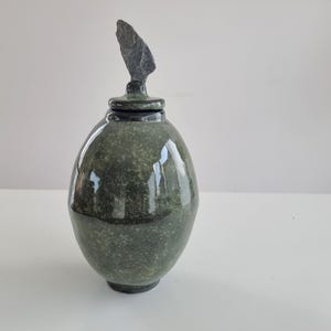 Peut inclure: Un pot en céramique vert foncé en forme d'œuf avec un couvercle assorti et une poignée texturée en forme de pierre. Le pot a une finition brillante, reflétant la lumière. Le design général est organique et artistique.