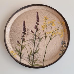 Wildflower plate, raku-fired ceramic, handmade.