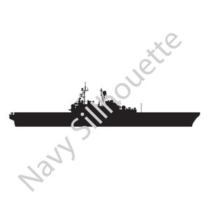 May include: Silhouette of a black navy ship with a large deck and multiple antennas.