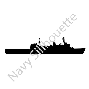 Può includere: Silhouette di una nave da guerra nera con un albero alto e più alberi più piccoli. La nave è rivolta a destra e si trova su uno sfondo bianco.