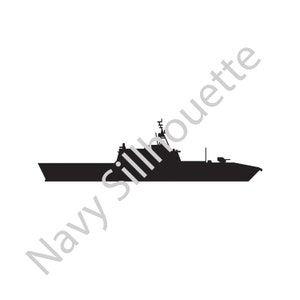 May include: Black silhouette of a United States Navy littoral combat ship.