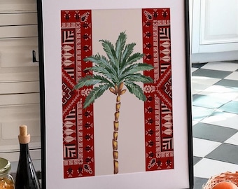 Arabic Wall Art Poster Palm Tree Artwork Palestine Tatreez Pattern Art Printable Middle Eastern Art Palestine Wall Decor Digital Download