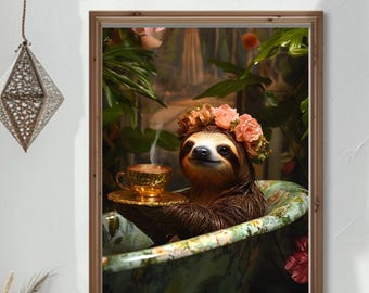 Cute Animal Poster Sloth Wall Art Bath Tub Art Print Floral Sloth Artwork Tea Lover Art Sloth Art Animal Lover Home Decor Wall Hanging